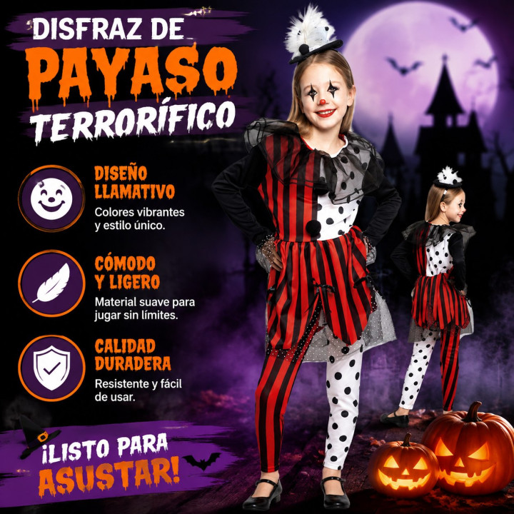 cospty - PAYASA NEGRA - Disfraz de Payasa Terrorífica para Niña
