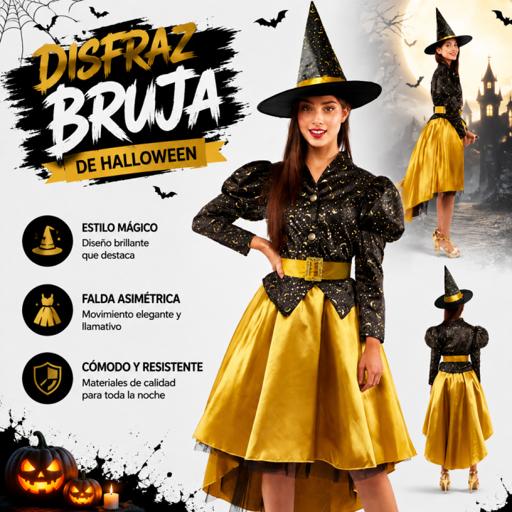 cospty - BRUJA DORADA - Disfraz de Bruja Dorada para Mujer (M / L)