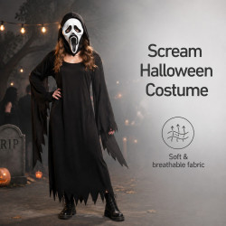 Disfraz Halloween Scream Ghost Adulto - Túnica Negra con Capucha y Máscara de Cara Fantasma Blanca - Outfit Fiesta Película Terr