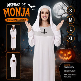 Disfraz Monja Blanca Adulto Halloween - Hábito Blanco Largo con Cruz N
