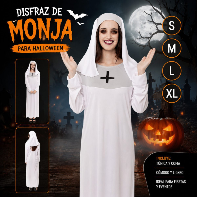 Disfraz Monja Blanca Adulto Halloween - Hábito Blanco Largo con Cruz Negra - Cosplay Hermana Terror