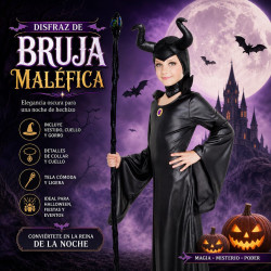 Disfraz Hechicera Cornuda Negra Niña Halloween - Vestido Negro con Cuernos, Cuello y Collar - Hada Maligna Infantil