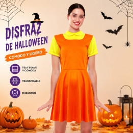 Adult Orange Doll Dress Halloween Costume - Yellow Collar Short Sleeve
