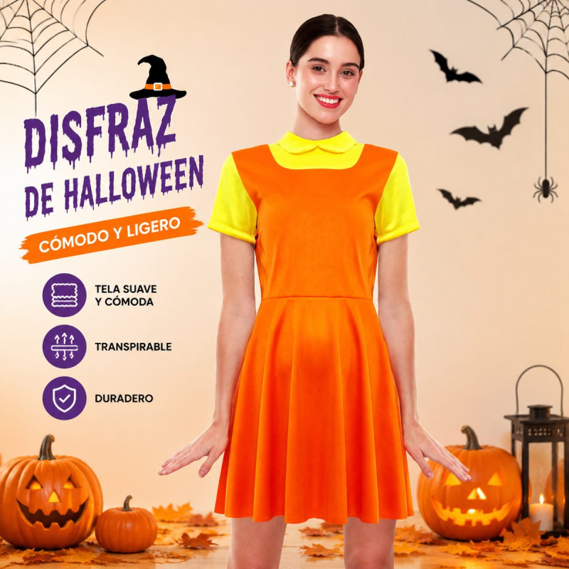 Vestido Muñeca Naranja Adulto Halloween - Cuello Amarillo Manga Corta Vestido Plisado - Outfit Mujer Survival Game