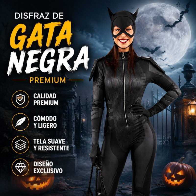 Disfraz de Ladrona Felina para Mujer con Mono Negro, Máscara de Orejas de Gato, Guantes, Rodilleras y Hombreras para Halloween