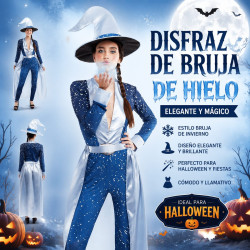 Disfraz de Hechicera de Hielo para Mujer con Mono Estrella Azul, Sobrefalda Plateada y Sombrero de Mago para Halloween