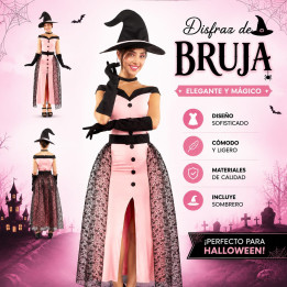 Adult Pink Enchantress Witch Costume with Off-Shoulder Dress, Lace Ski