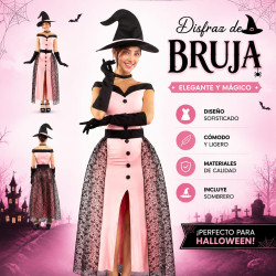 Disfraz de Bruja Encantadora Rosa para Mujer con Vestido Hombros Descubiertos, Falda de Encaje, Sombrero, Guantes y Collar