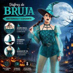 Disfraz de Bruja Serpiente para Mujer con Body de Estampado de Serpiente, Mangas de Organza Transparente, Falda y Sombrero