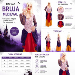 Disfraz de Bruja Rústica de Cuadros para Mujer con Corsé Rojo, Blusa Naranja y Falda Larga para Halloween