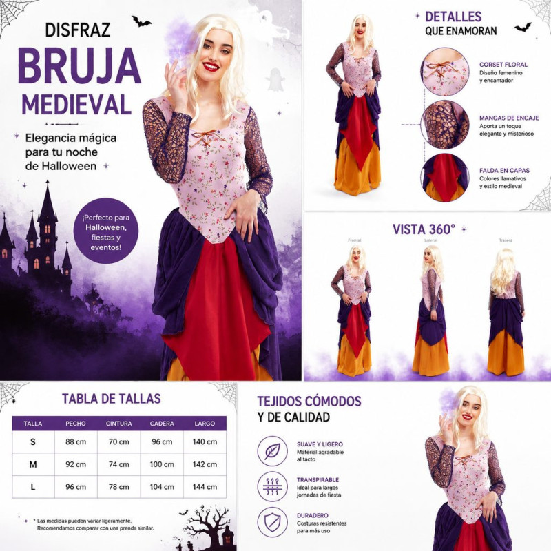 Disfraz de Bruja Rústica de Cuadros para Mujer con Corsé Rojo, Blusa Naranja y Falda Larga para Halloween