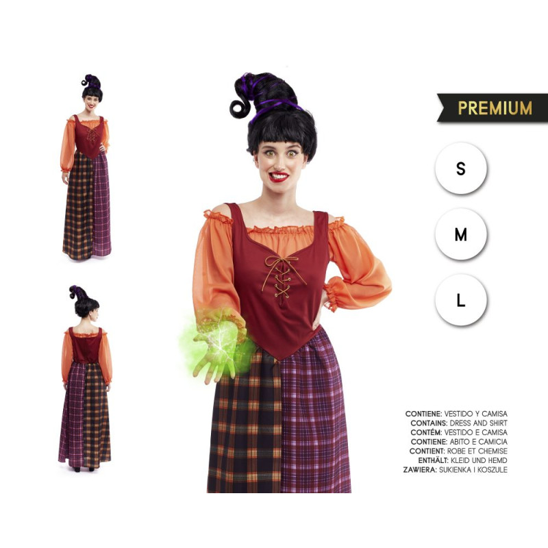 Disfraz de Bruja Mágica Campesina para Mujer con Corsé Rojo, Blusa Naranja, Falda de Cuadros y Peluca Recogida para Halloween