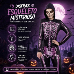 Mono de Esqueleto Rosa para Mujer con Capucha, Estampado de Huesos Reactivo a UV para Fiesta de Disfraces Halloween