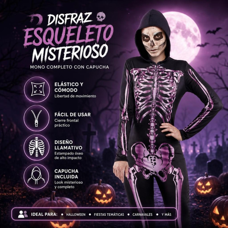 Mono de Esqueleto Rosa para Mujer con Capucha, Estampado de Huesos Reactivo a UV para Fiesta de Disfraces Halloween