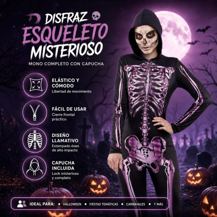 Adult Women Pink Skeleton Jumpsuit with Hood, UV Reactive Bone Print f