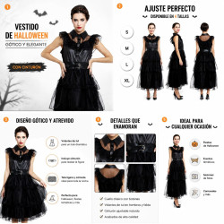 Vestido de Baile Gótico de Tul para Mujer con Corpiño de Efecto Cuero, Volantes Transparentes y Cinturón para Halloween