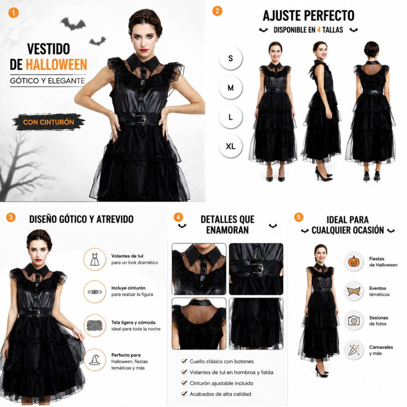Vestido de Baile Gótico de Tul para Mujer con Corpiño de Efecto Cuero, Volantes Transparentes y Cinturón para Halloween