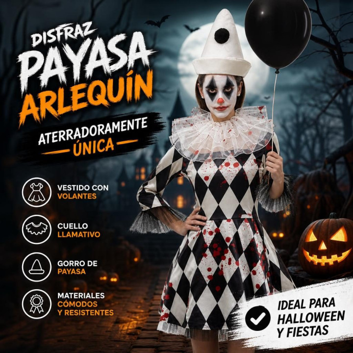 Adult Women Bloody Harlequin Clown Costume with Diamond Dress, White C