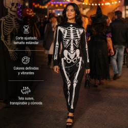 Vestido Esqueleto Adulto Halloween - Vestido Negro Manga Larga Ajustado con Estampado Huesos Blancos y Cadena - Disfraz Mujer