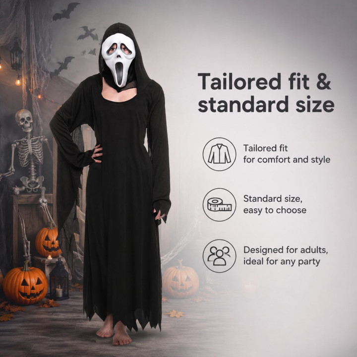 Disfraz Halloween Scream Ghost Adulto - Túnica Negra con Capucha y Más