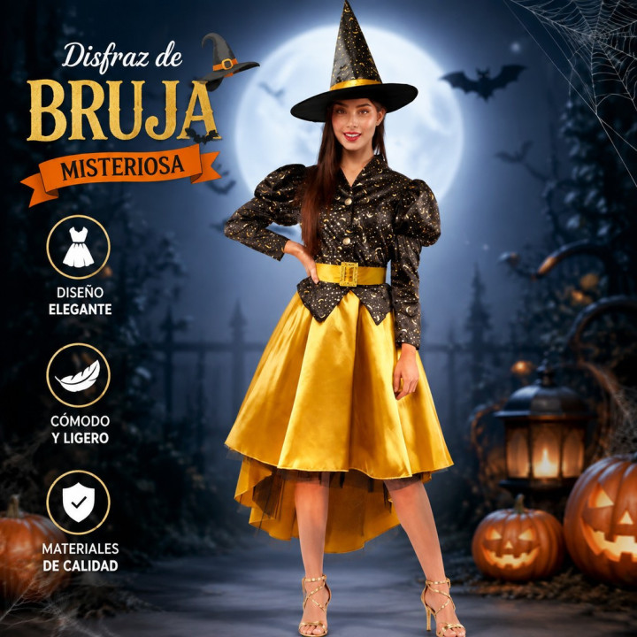 cospty - BRUJA DORADA - Disfraz de Bruja Dorada para Mujer (M / L)