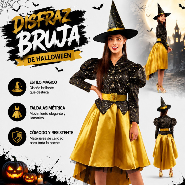 cospty - BRUJA DORADA - Disfraz de Bruja Dorada para Mujer (M / L)