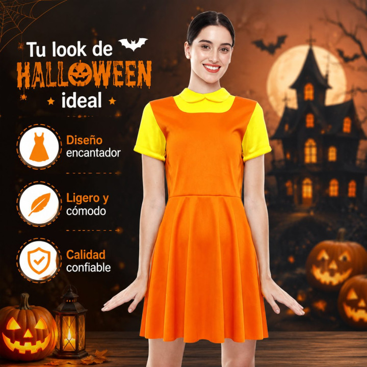 Adult Orange Doll Dress Halloween Costume - Yellow Collar Short Sleeve