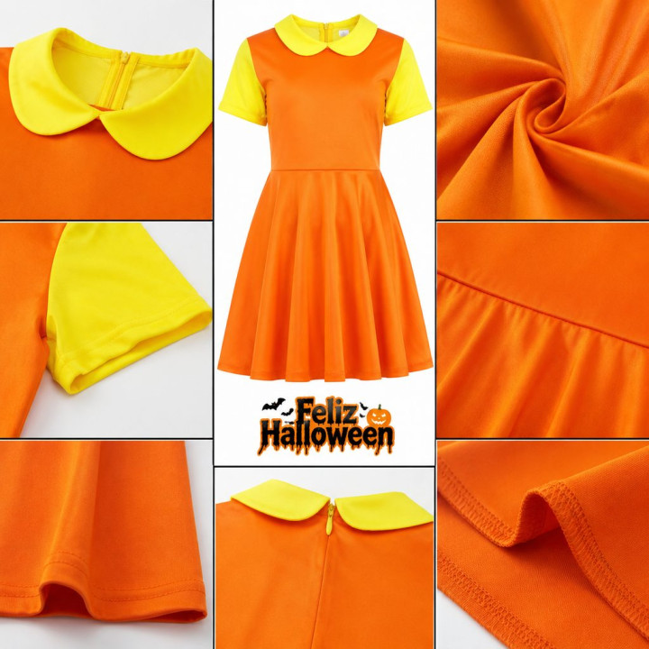 Adult Orange Doll Dress Halloween Costume - Yellow Collar Short Sleeve