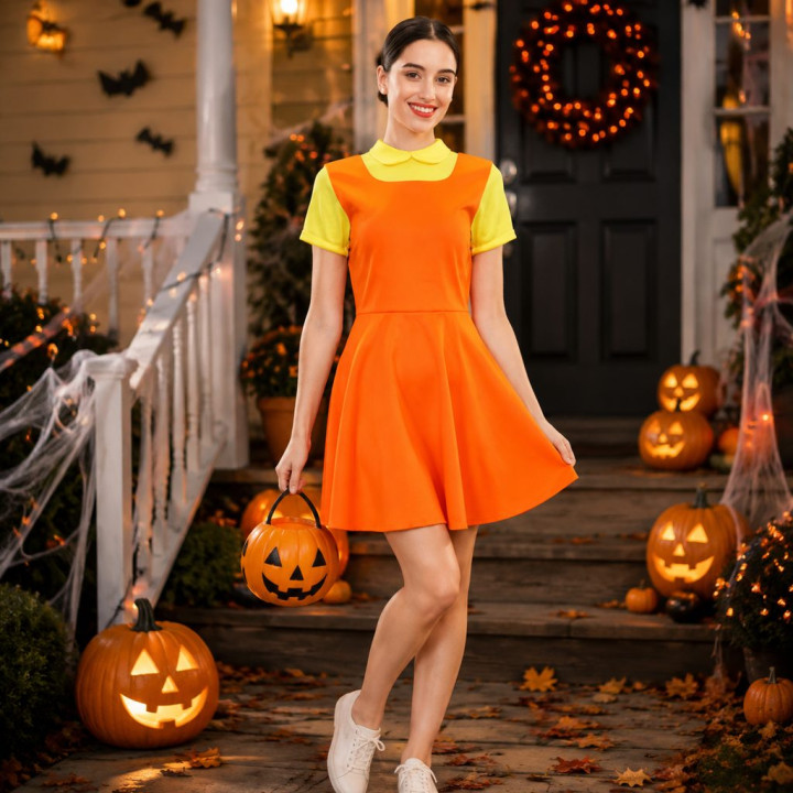 Adult Orange Doll Dress Halloween Costume - Yellow Collar Short Sleeve