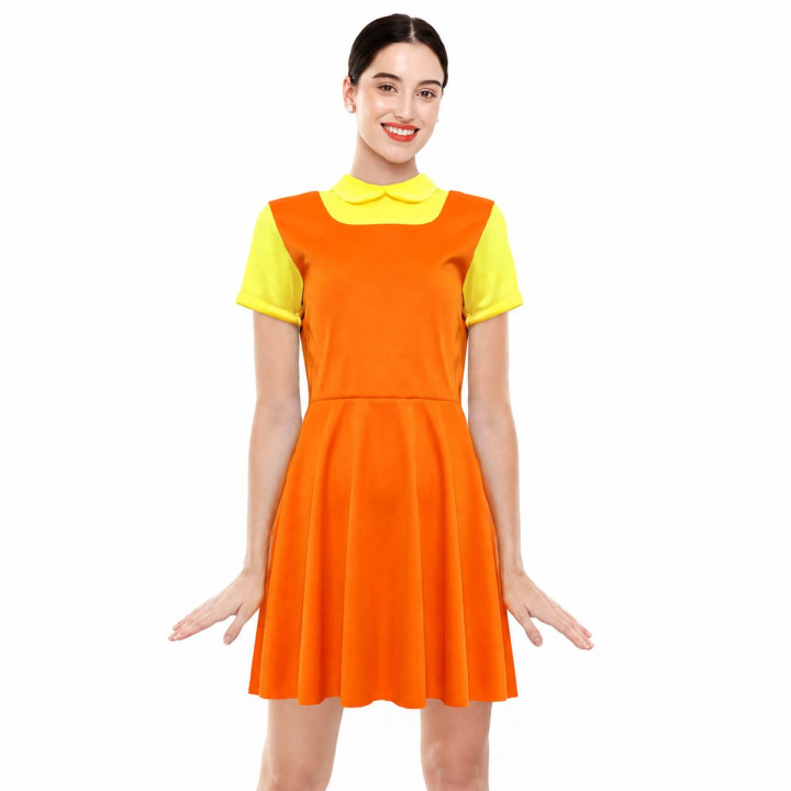 Adult Orange Doll Dress Halloween Costume - Yellow Collar Short Sleeve