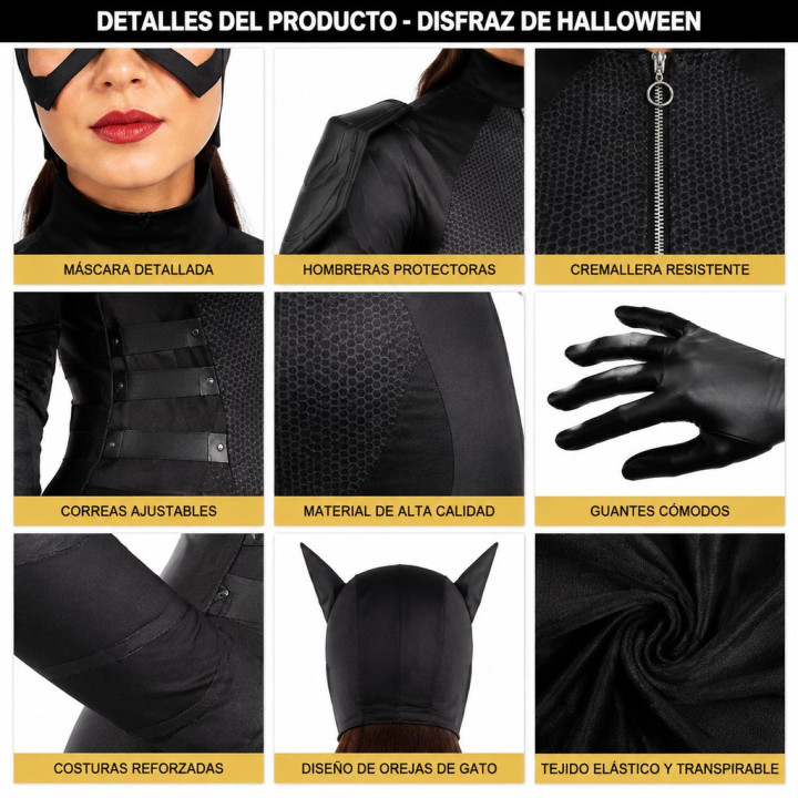 Costume Cambrioleuse Féline pour Femme avec Combinaison Noire, Masque 