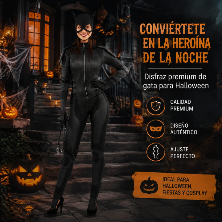 Costume Cambrioleuse Féline pour Femme avec Combinaison Noire, Masque 