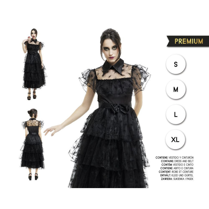 Adult Gothic Spider Web Dress with Sheer Spider Sleeve, Tiered Tulle S