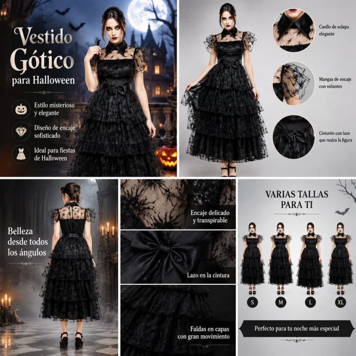 Adult Gothic Spider Web Dress with Sheer Spider Sleeve, Tiered Tulle S
