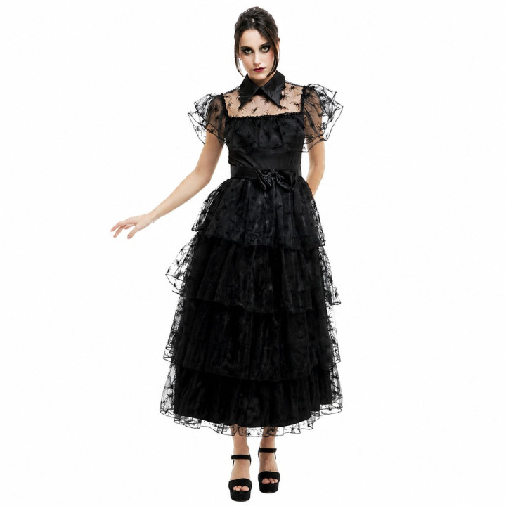 Adult Gothic Spider Web Dress with Sheer Spider Sleeve, Tiered Tulle S