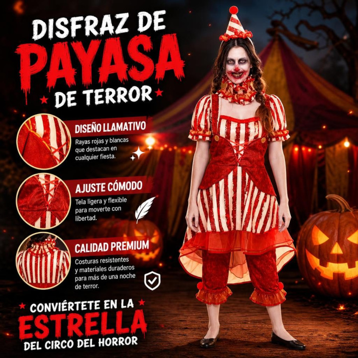 Disfraz de Payaso de Circo Terrorífico para Mujer con Vestido a Rayas,