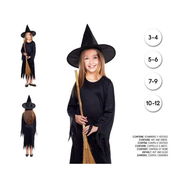 Girls Classic Black Witch Halloween Costume - Long Sleeve Dress with P
