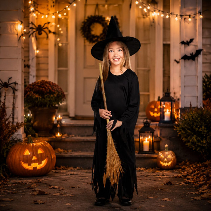 Girls Classic Black Witch Halloween Costume - Long Sleeve Dress with P