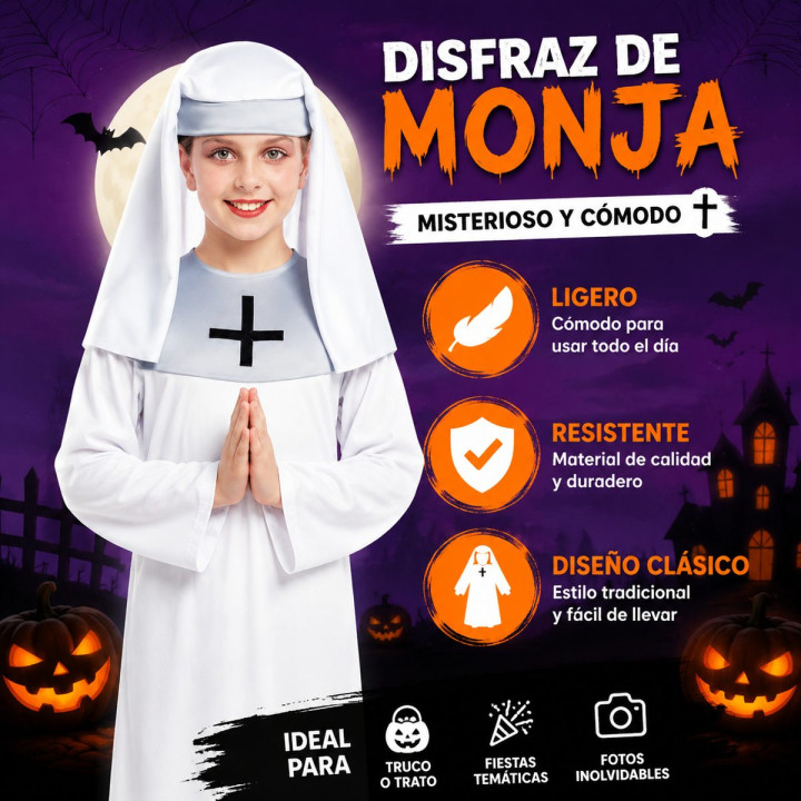 Girls White Nun Halloween Costume Set - Kids Religious Habit with Blac