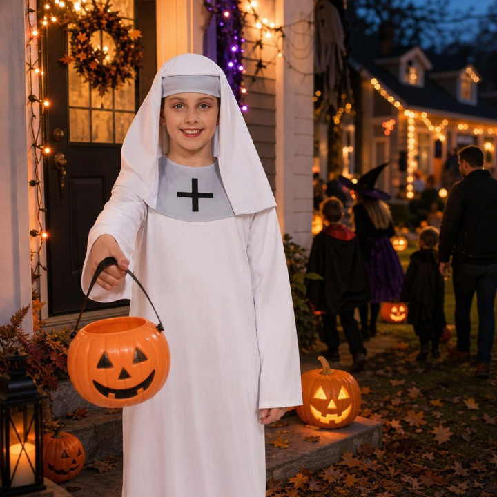 Girls White Nun Halloween Costume Set - Kids Religious Habit with Blac