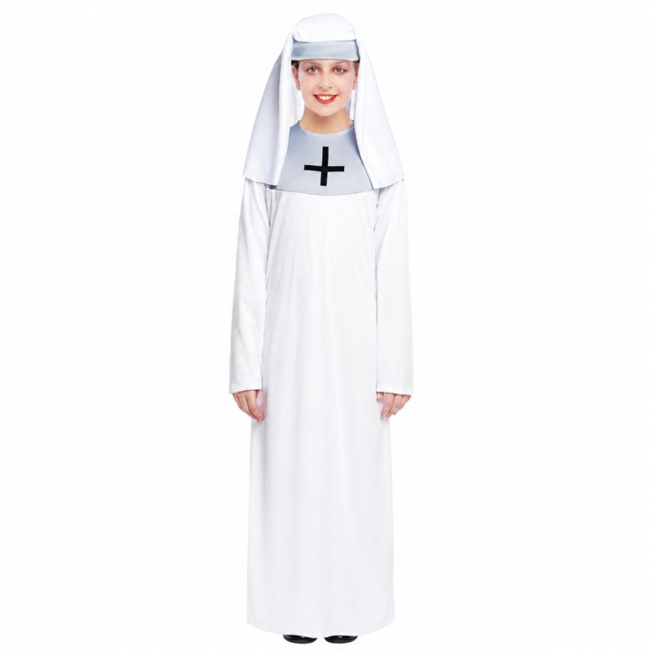 Girls White Nun Halloween Costume Set - Kids Religious Habit with Blac
