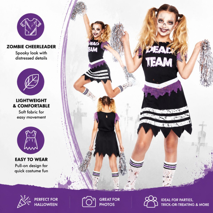 Girls Zombie Cheerleader Halloween Costume Set - Dead Team Dress with 