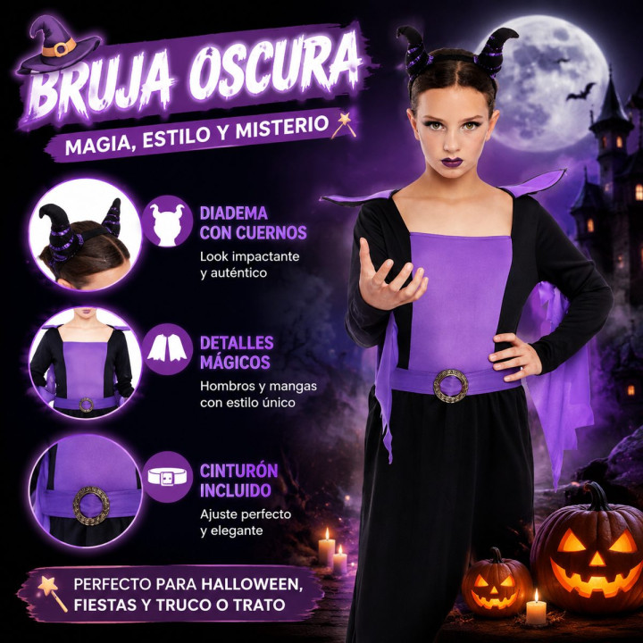 Costume Fée Maléfique Cornue Fille Halloween - Robe Violette et Noire 