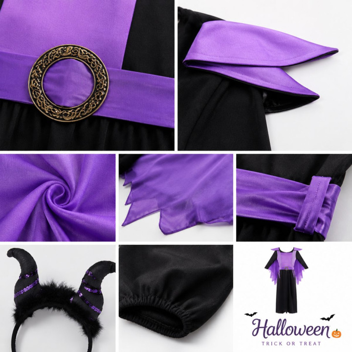 Costume Fée Maléfique Cornue Fille Halloween - Robe Violette et Noire 
