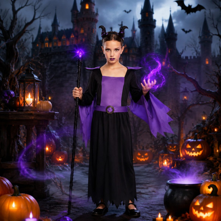 Costume Fée Maléfique Cornue Fille Halloween - Robe Violette et Noire 