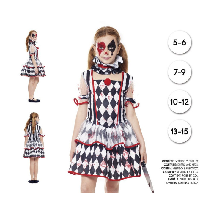 Disfraz Payaso Arlequín Aterrador Niña Halloween - Vestido Diamante Bl