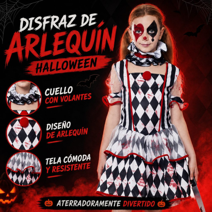 Disfraz Payaso Arlequín Aterrador Niña Halloween - Vestido Diamante Bl