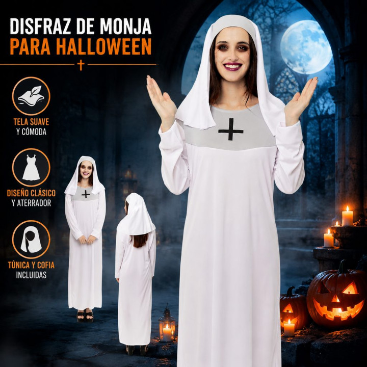 Disfraz Monja Blanca Adulto Halloween - Hábito Blanco Largo con Cruz N