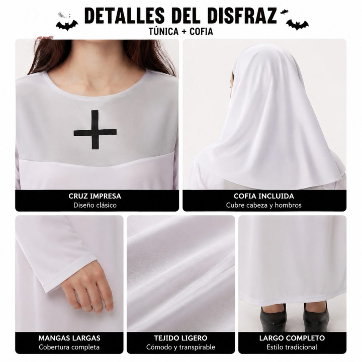 Disfraz Monja Blanca Adulto Halloween - Hábito Blanco Largo con Cruz N