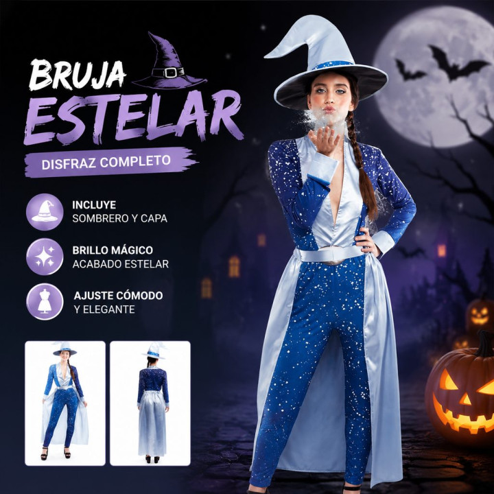 Adult Ice Sorceress Costume with Blue Star Jumpsuit, Silver Overskirt 